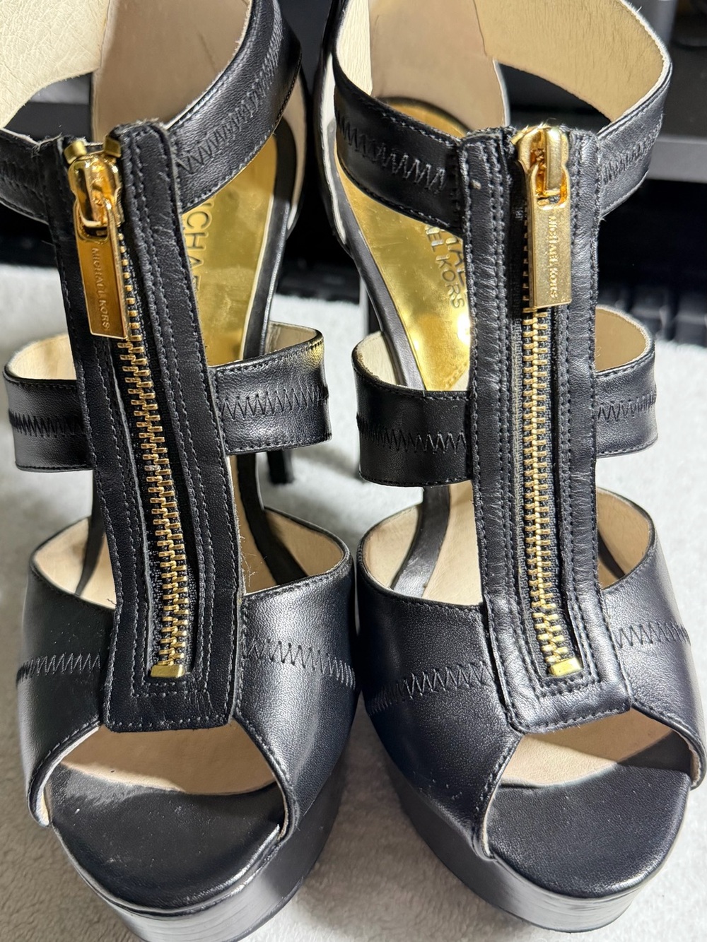 Michael Kors Black Leather Platform Sandals with Gold Zipper